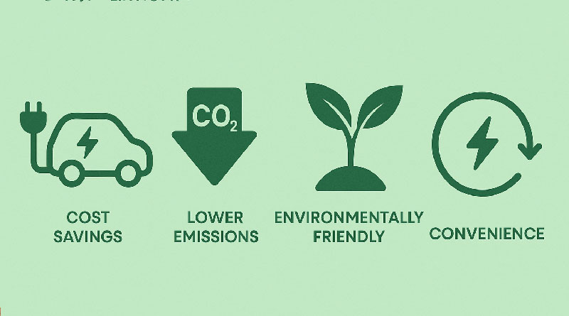 Icons for: Cost saving, lower emissions, enviromentally friendly , convenience
