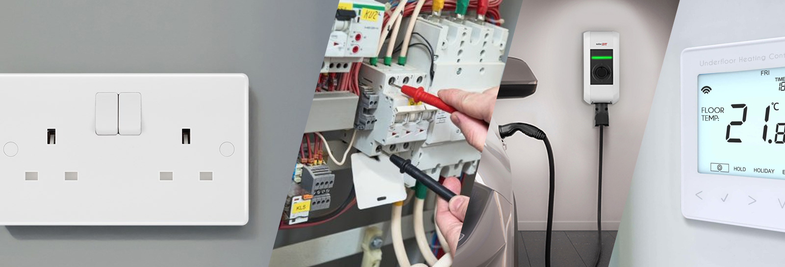 Collage of services offered by DX electrical including socket installation, fuse boxes, EV and Underfloor heating