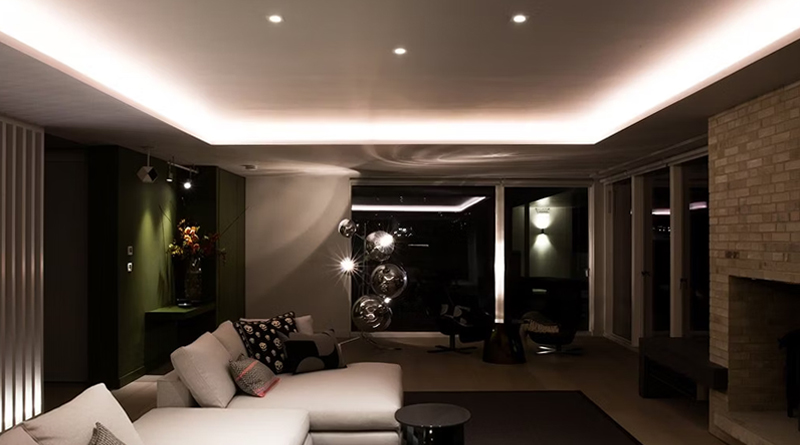 Custom roof lighting installation within a cosy lounge area