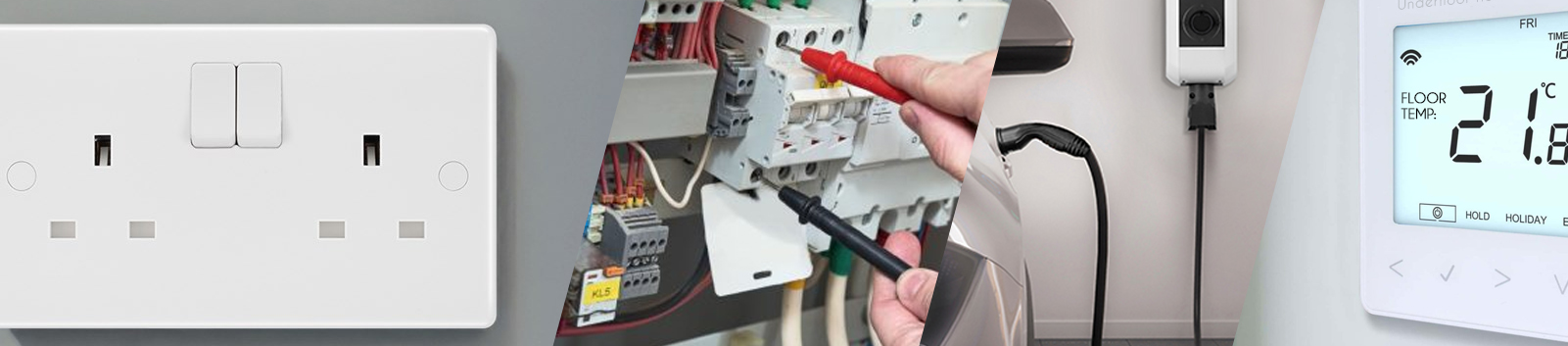 Collage of services offered by DX electrical including socket installation, fuse boxes, EV and Underfloor heating